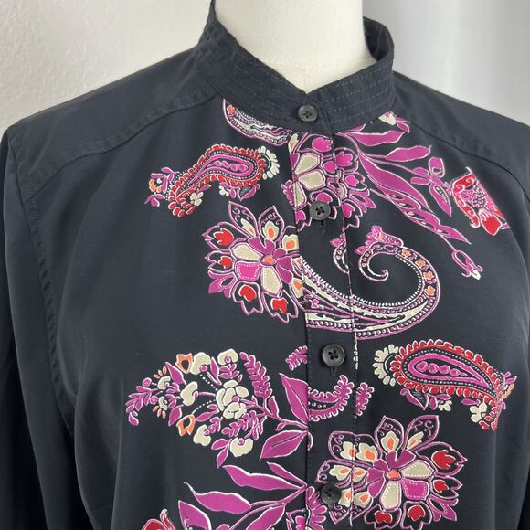 Chicos Top Womens 2 US 12 Black Floral Button Down Sheer Boho Tunic Artsy - Picture 2 of 10